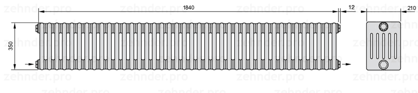 Схема (чертеж) Радиатор Zehnder Charleston 6035/40 №2670 Белый глянцевый RAL 9016